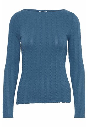 Sinine pika varrukaga sviiter, millel on soonikstruktuur ja veidi kaardus kaelus. Omab sobivat lõiget ning lainelist mustrit kogu ulatuses.