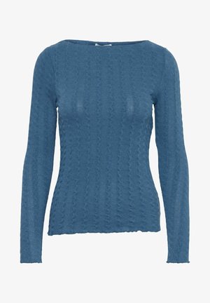 Blauer Pullover mit langen Ärmeln, gerippter Textur und leicht rundem Ausschnitt. Hat ein figurbetontes Design und ein wellenförmiges Muster.