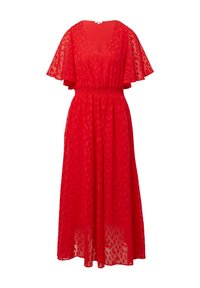 Rode midi-jurk met doorschijnende fluttermouwen, V-hals, elastische taille en subtiele textuurpatroon door de stof.