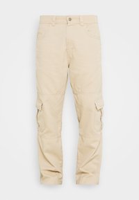 Beige cargo broek van katoen, met twee zijzakken, een knoopsluiting en een reguliere pasvorm. Gladde textuur zonder zichtbare patronen.