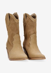 Botas de tobillo de estilo western en color marrón, de ante perforado, con punta afilada y tacón apilado. Presenta costuras decorativas en los laterales.