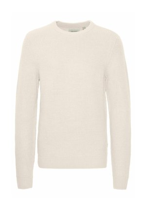 Pulover tricotat de culoare bej deschis, cu gât rotund, manșete și tiv cu nervuri. Fabricat dintr-un material moale, cu o suprafață texturată, potrivit pentru purtare casuală.