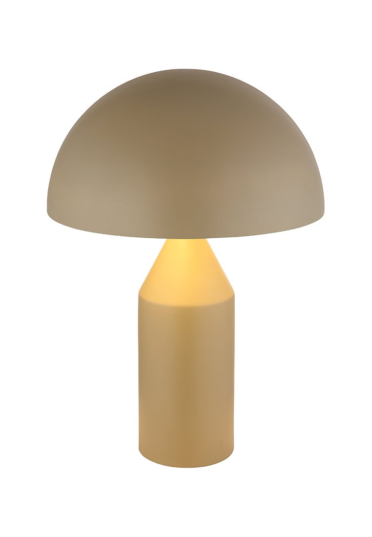 Champignon-vormige Tafellamp met een matte beige koof en een taps toelopende, cilindervormige voet. Geeft een warme gloed van een centrale lichtbron.