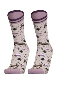 Socks featuring a light beige base with a purple ribbed cuff. Design includes deer, trees, and mountains in muted colors. Soft texture.