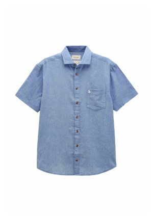 Short-sleeve light blue button-up shirt with chest pocket and brown buttons, laid flat on white background.