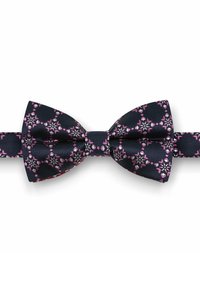 Granatowy muszka w kwiatowy wzór w odcieniach różu i bieli, wykonana z fakturowanej tkaniny, o klasycznym kształcie i regulowanym pasku.