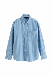 Ljusblå randig skjorta med långa ärmar, knäppning framtill, krage och en ficka på vänster sida. Tillverkad av ett tyg som liknar denim.