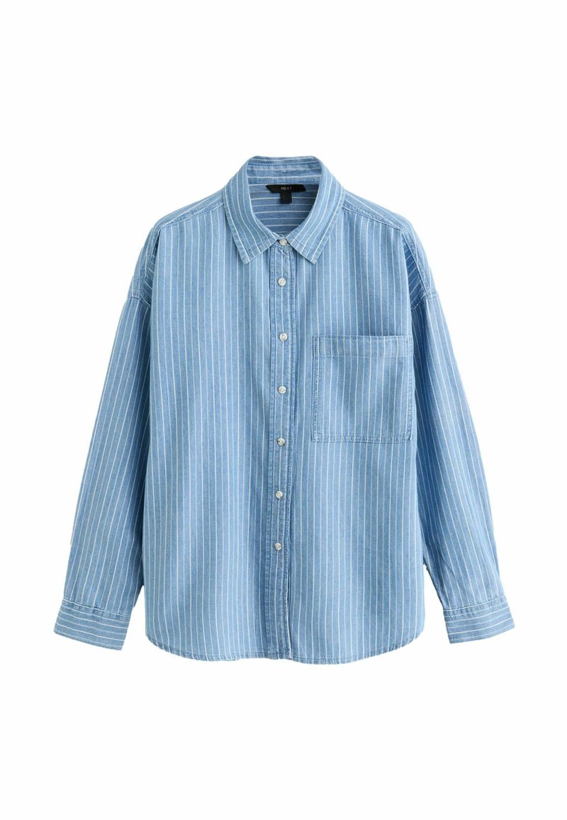 Ljusblå randig skjorta med långa ärmar, knäppning framtill, krage och en ficka på vänster sida. Tillverkad av ett tyg som liknar denim.