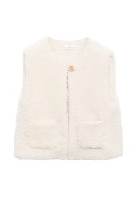 Vest din fleece crem, fără mâneci, cu un decolteu rotund, un închizător central cu nasture și două buzunare frontale tip patch. Textură moale pe toată suprafața.