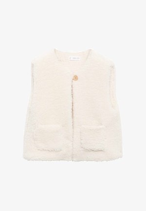 Crème fleece vest zonder mouwen, met een ronde halslijn, een centrale knoopsluiting en twee voorzakken. Zachte textuur overal.