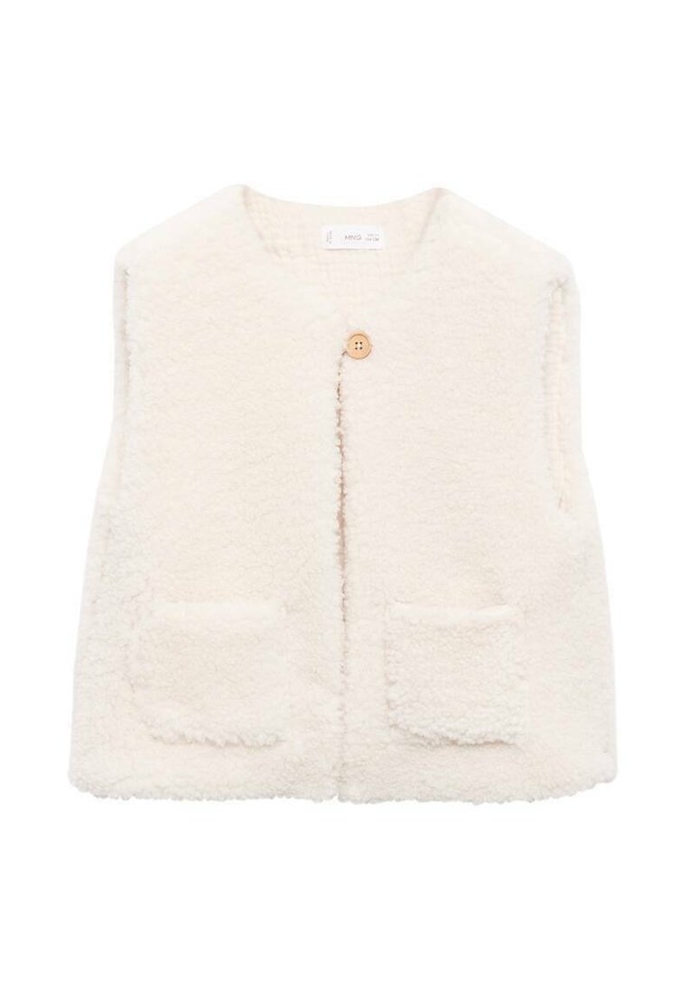 Vest din fleece crem, fără mâneci, cu un decolteu rotund, un închizător central cu nasture și două buzunare frontale tip patch. Textură moale pe toată suprafața.