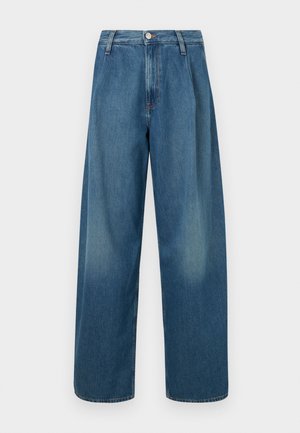 Blauwe wijde jeans van denim, met een hoge taille, knoopsluiting aan de voorkant en subtiele vervagingen in de stof.