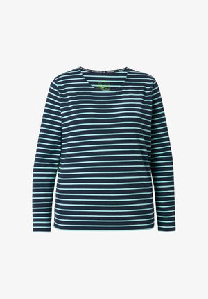 Langärmliges dunkelblaues Oberteil mit hellblauen horizontalen Streifen und rundem Ausschnitt, dargestellt vor weißem Hintergrund.