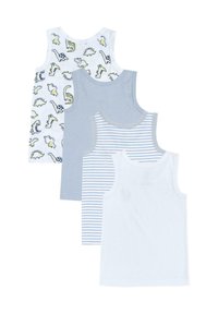 Fyra barnens linnen: ett med dinosauriemönster, två i enfärgad ljusblå, ett vitt med blå ränder, alla gjorda av mjukt bomullsmaterial.