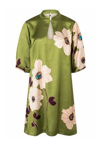 Grünes Kleid mit großen weißen und violetten Blumenmustern, kurzen Ärmeln, einem Schlüssellochausschnitt und einem kleinen Kragen mit Knopfverschluss am Rücken.