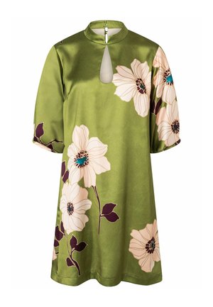 Grünes Kleid mit großen weißen und violetten Blumenmustern, kurzen Ärmeln, einem Schlüssellochausschnitt und einem kleinen Kragen mit Knopfverschluss am Rücken.