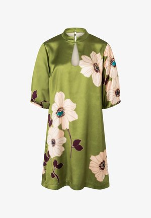 Grünes Kleid mit großen weißen und violetten Blumenmustern, kurzen Ärmeln, einem Schlüssellochausschnitt und einem kleinen Kragen mit Knopfverschluss am Rücken.