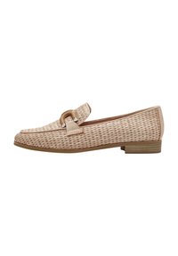 Vevede blush loafers med lav hæl, der har en dekorativ spænde og en glat overflade. Materialet har et let, luftigt mønster.