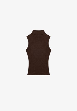 Brązowy bezrękawnik z golfem, charakteryzujący się wysokim kołnierzem i dopasowanym krojem, wykonany z teksturowanej dzianiny o gładkim wykończeniu.