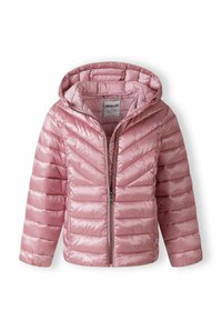 Rosa puffjacka med huva, med en glansig, quiltad design och dragkedja framtill. Materialet verkar mjukt och lätt.