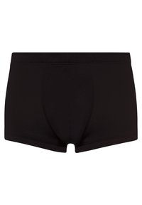 Černé boxerky vyrobené z měkké tkaniny, s přiléhavým designem, plochými švy a předním pouzdrem pro podporu. Žádné viditelné logo.