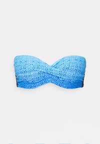 Haut de bikini bandeau à motif bleu présentant des tourbillons complexes, une texture lisse et des panneaux latéraux noirs unis. Sans bretelles pour un design sans soutien.