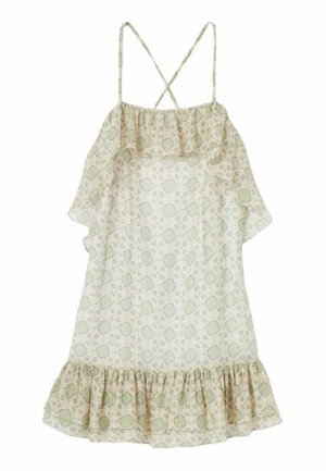 Vestido de verano floral beige claro con dobladillo y escote con volantes, con finas tirantes cruzadas en los hombros y una tela fluida y ligera.