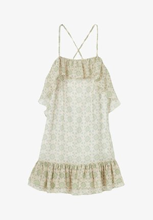 Vestido de verano floral beige claro con dobladillo y escote con volantes, con finas tirantes cruzadas en los hombros y una tela fluida y ligera.