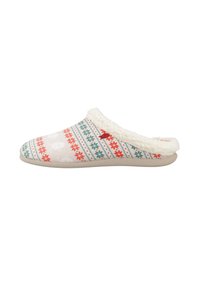 Zapatilla con un patrón floral blanco y rojo en la tela, con un borde de piel sintética en la abertura y una suela texturizada color beige.