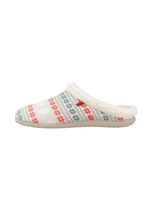 Zapatilla con un patrón floral blanco y rojo en la tela, con un borde de piel sintética en la abertura y una suela texturizada color beige.