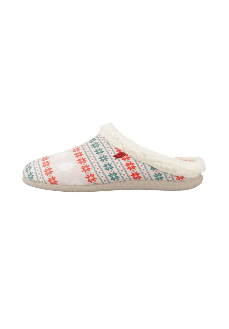 Zapatilla con un patrón floral blanco y rojo en la tela, con un borde de piel sintética en la abertura y una suela texturizada color beige.