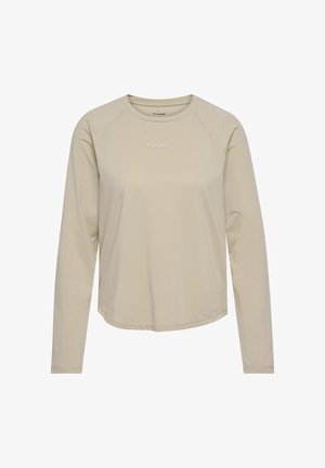 Beiges Langarmshirt mit Rundhalsausschnitt aus leicht strukturiertem Stoff und dezentem „hummel“-Logo mittig auf der Brust.