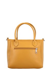 Kollase kivikeste nahast kott, millel on kaks ümarat käepidet, lukuga esikott ja ristkülikukujuline keha. Hõbedased detailid.