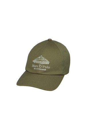 Olive green baseball cap with embroidered beach umbrella and "Marc O'Polo Est. in Stockholm" text on front panel.