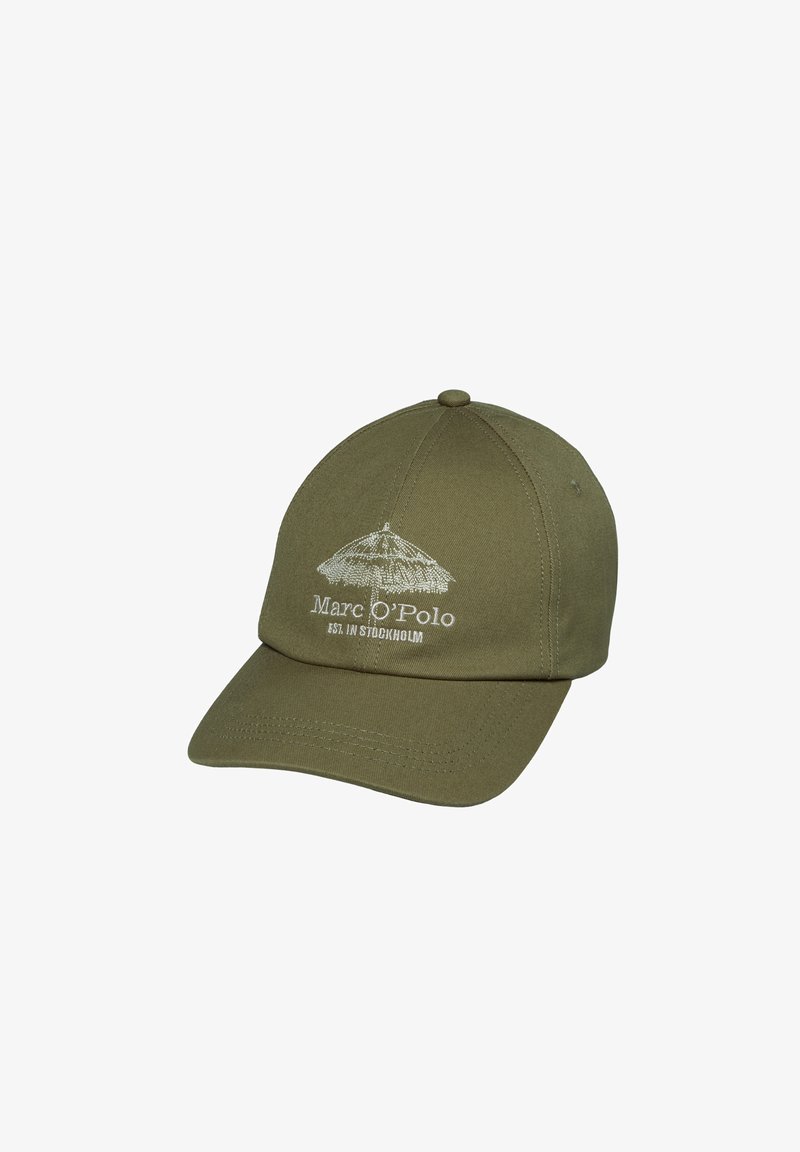 Casquette de baseball vert olive avec parapluie de plage brodé et le texte « Marc O'Polo Est. à Stockholm » sur le panneau avant.