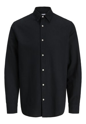 Camicia nera a maniche lunghe con bottoni bianchi e collo classico, mostrata di fronte su uno sfondo semplice.