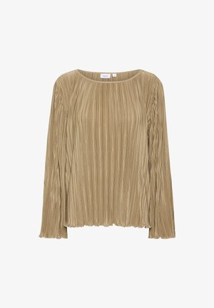 Ilga rankovė, alyvuogių žalios spalvos plisuota bliuska su apvaliu iškirpimu ir banguota apačia. Pagaminta iš minkštos medžiagos su vertikaliu raukšlėjimu.