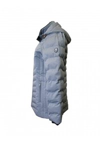 Light gray puffer jacket with a hood, featuring quilted design, zippered side pocket, and small logo patch on the left arm.