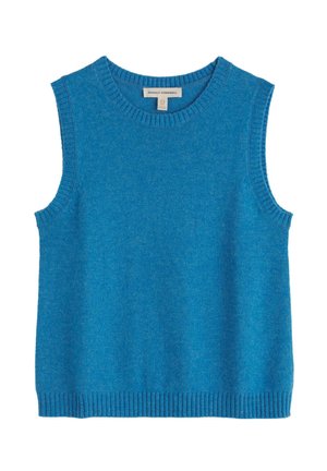 Sinine varrukateta kudumvest soonilise kaeluse, käeaugude ja äärega, millel on silt Seasalt Cornwall.