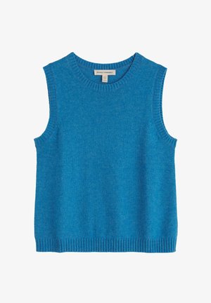 Sinine varrukateta kudumvest soonilise kaeluse, käeaugude ja äärega, millel on silt Seasalt Cornwall.