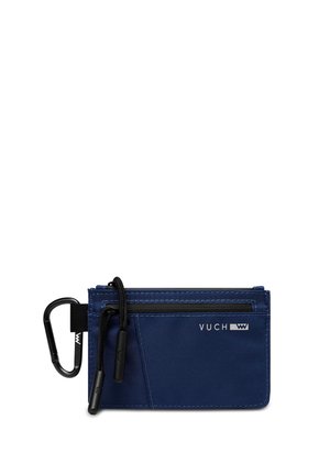 Navy fabric wallet with a textured surface, features a zippered pocket, cord attachments, and a black carabiner clip for secure carrying.