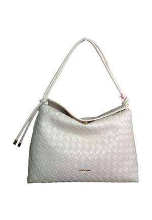 Borsa a tracolla in pelle intrecciata bianca con una singola tracolla e nome del marchio "MANYGLORY" in tonalità dorata sul davanti.