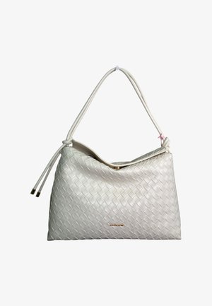 Borsa a tracolla in pelle intrecciata bianca con una singola tracolla e nome del marchio "MANYGLORY" in tonalità dorata sul davanti.