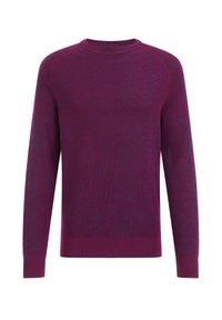 Suéter de punto en púrpura oscuro con una textura acanalada, cuello redondo y mangas largas. Presenta un dobladillo y puños ajustados.