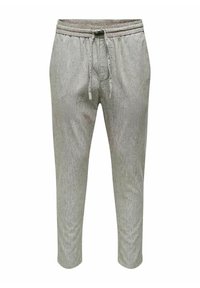 Lichtgrijze gestreepte broek van zachte stof, met een trekkoord in de taille, taps toelopende pijpen en subtiele plooien in de taille.