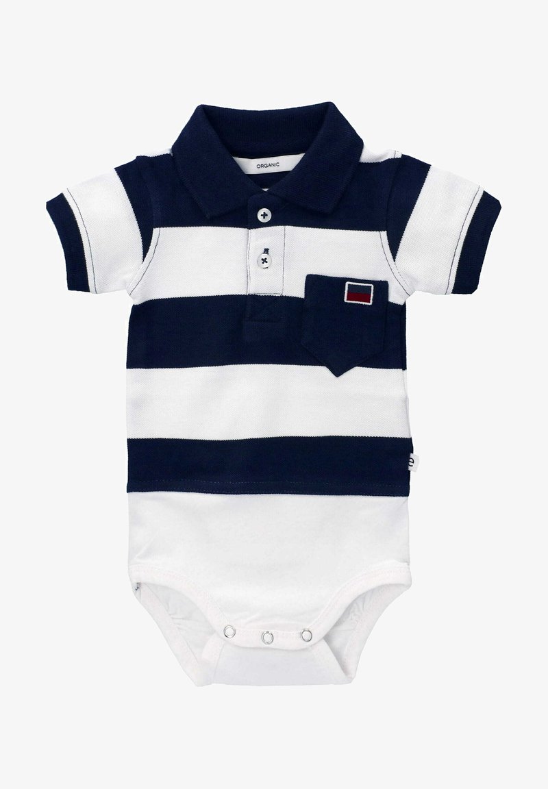 Marineblauwe en witte gestreepte polo-romper met een kraag, korte mouwen, een zak aan de voorkant en drukknoopjes aan de onderkant. Gemaakt van biologisch katoen.