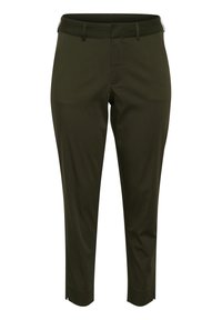 Pantalon vert foncé, coupe ajustée avec une texture lisse, une taille avec ceinture et une coupe droite. Comprend une braguette zippée et des poches avant inclinées.
