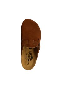 Sabot marron en daim à enfiler avec sangle ajustable et boucle, semelle intérieure tan avec logo "Plakton", vue de dessus.