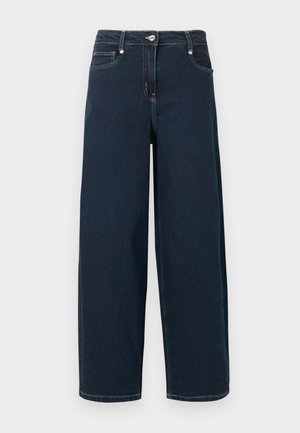 Donkerblauwe denim jeans met wijde pijpen, vooraan knoop- en ritssluiting, en een ontwerp met vijf zakken.