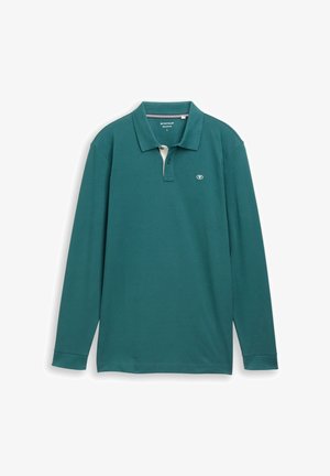 Long-sleeve polo shirt in teal, featuring a white placket and a small logo on the left chest. Soft fabric with a classic fit.